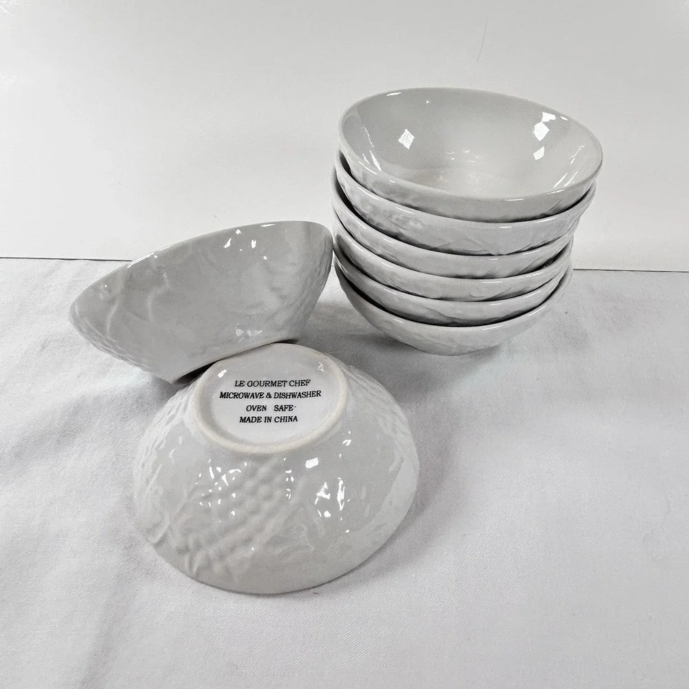 8 VTG Le Gourmet Chef Porcelain Ramekins Dip Grape Vine Pattern Embossed Dinner